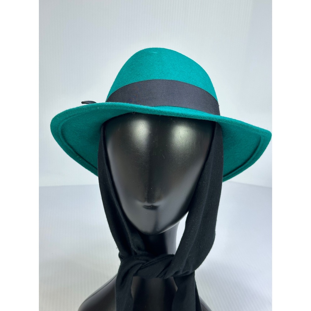 Arlin Vintage Emerald Green 100% Wool Fedora Hat with Black Chin Ties USA Made